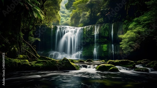 Panoramic view of beautiful waterfall in the forest with green moss