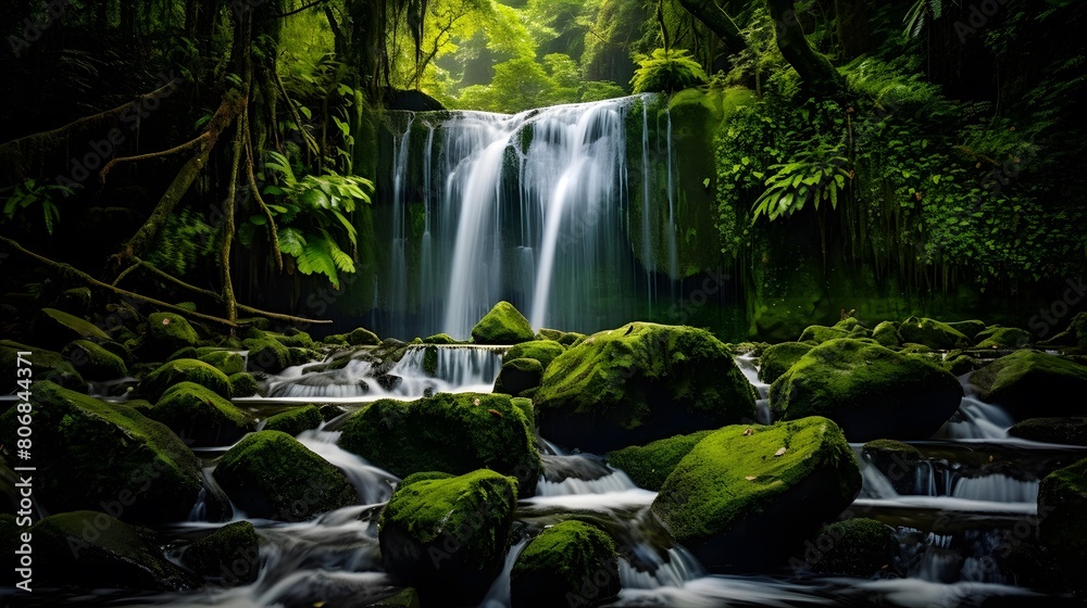 Beautiful waterfall in the rainforest, long exposure shot, panorama