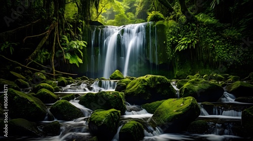 Beautiful waterfall in the rainforest  long exposure shot  panorama