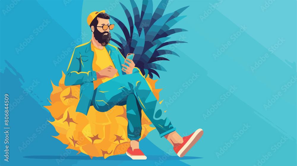 Young bearded man with mobile phone sitting on big