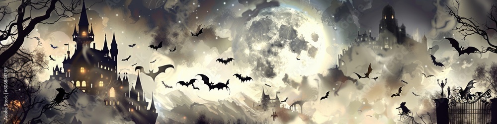 Gothic Halloween banner with a dark castle under a full moon, silhouettes of flying bats, and vampires greeting guests at the gate Gothic Halloween banner with a dark castle under a full moon, silhouettes of flying bats, and vampires greeting guests at the gate