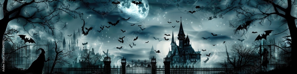 Gothic Halloween banner with a dark castle under a full moon, silhouettes of flying bats, and vampires greeting guests at the gate