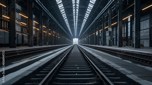 Rails lay the path forward , a long train track in empty large train station building ,Urban transportation , rail longer , no people , no trains , Passenger transport station, goods transport station photo