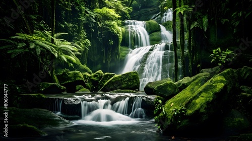 Beautiful waterfall in the jungle. Panoramic view of a waterfall in the jungle.