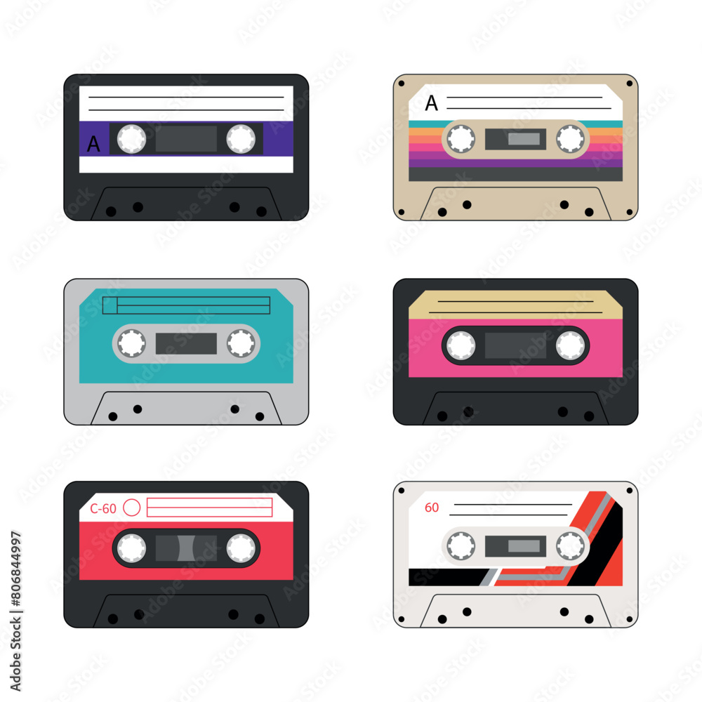 A set of music audio cassettes from the 90s. Vintage music tape. Old music - nostalgia of the 90s. Vector illustration