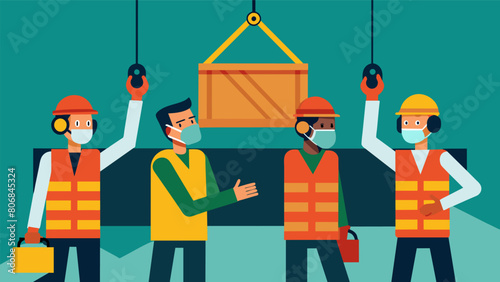 Workers wearing noisecancelling headphones and face masks as they use heavy machinery to hoist the metal panels into place.. Vector illustration photo