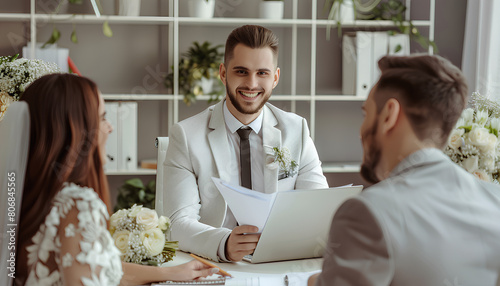 Male wedding planner working with couple in office photo
