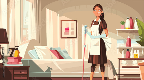 Young chambermaid with cleaning supplies in bedroom vector