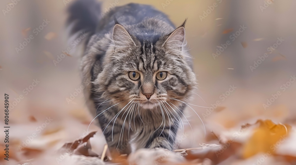 A cat in focus walks through a leafy field with a softly blurred backdrop of scattered leaves beneath A cat in focus walks through a leafy field with a softly blurred backdrop of scattered leaves beneath