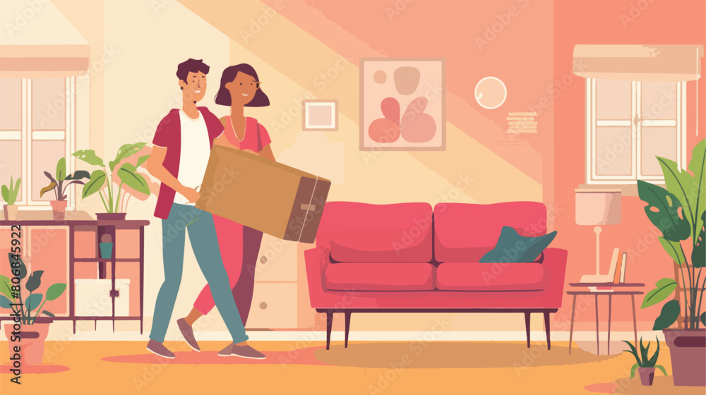 Young couple carrying sofa in room on moving day vector