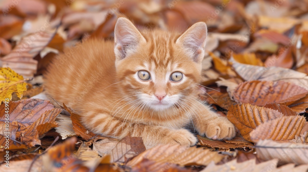   A small orange kitten lies on a pile of leaf-covered floor, adjacent to a mound of yellow and brown leaves