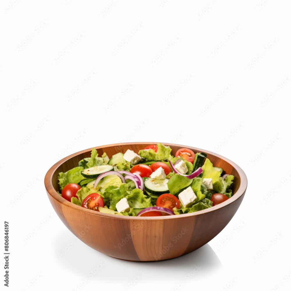 Set against a pristine white studio background, a wooden bowl showcases a colorful vegetable salad composed of tomatoes, cucumbers, lettuce, onions, olives, and bell peppers.