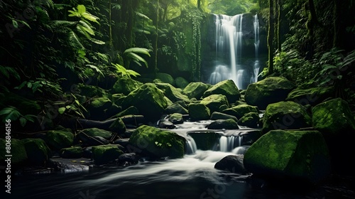 Long exposure of a waterfall flowing through a lush green tropical rainforest