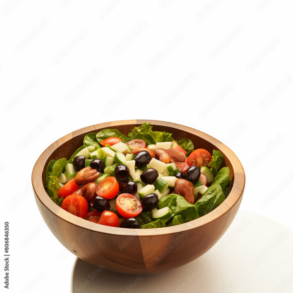 Set against a pristine white studio background, a wooden bowl showcases a colorful vegetable salad composed of tomatoes, cucumbers, lettuce, onions, olives, and bell peppers. Set against a pristine white studio background, a wooden bowl showcases a colorful vegetable salad composed of tomatoes, cucumbers, lettuce, onions, olives, and bell peppers.