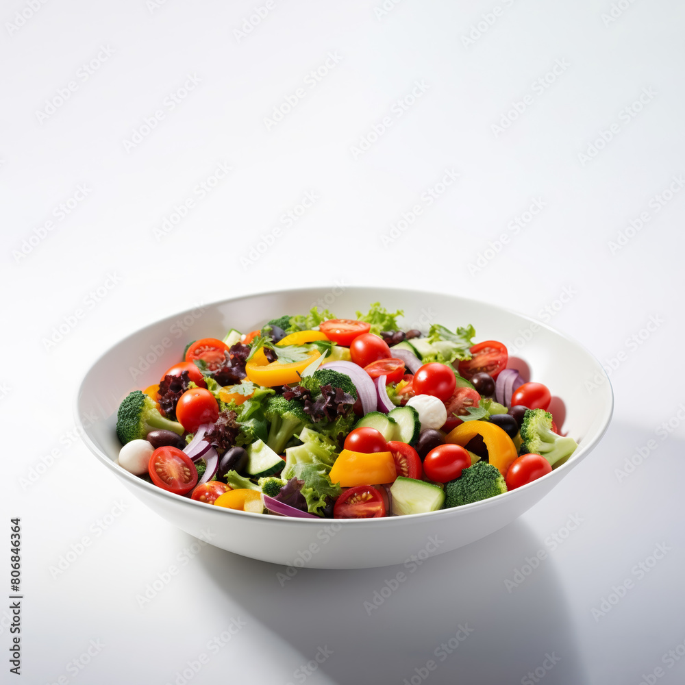 Set against a pristine white studio background, a wooden bowl showcases a colorful vegetable salad composed of tomatoes, cucumbers, lettuce, onions, olives, and bell peppers.