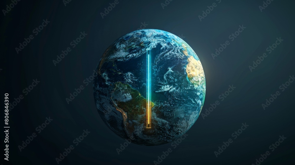 Obraz premium The image shows a glowing blue and orange planet Earth with a glowing beam of light shining down on it from space.