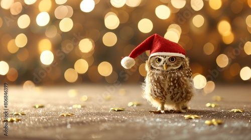 Festive owl in santa hat on christmas background for advertisements and postcards with text space