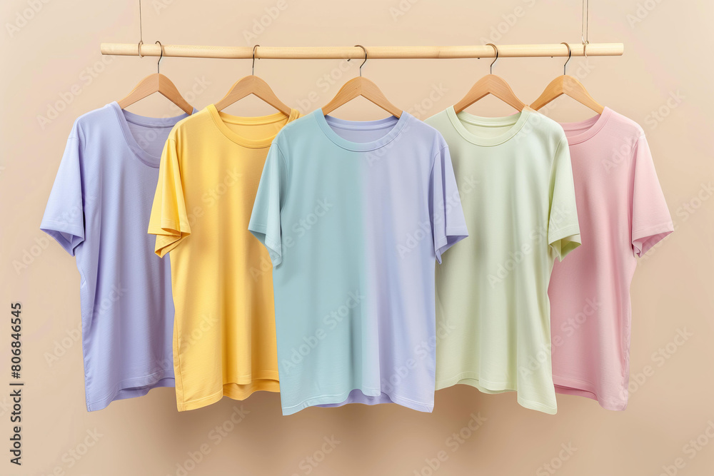 set of pastel colorful t-shirts hanging on wooden hangers against the background of an empty beige wall, a mockup with space for text or design. A stylish way to display in a store set of pastel colorful t-shirts hanging on wooden hangers against the background of an empty beige wall, a mockup with space for text or design. A stylish way to display in a store