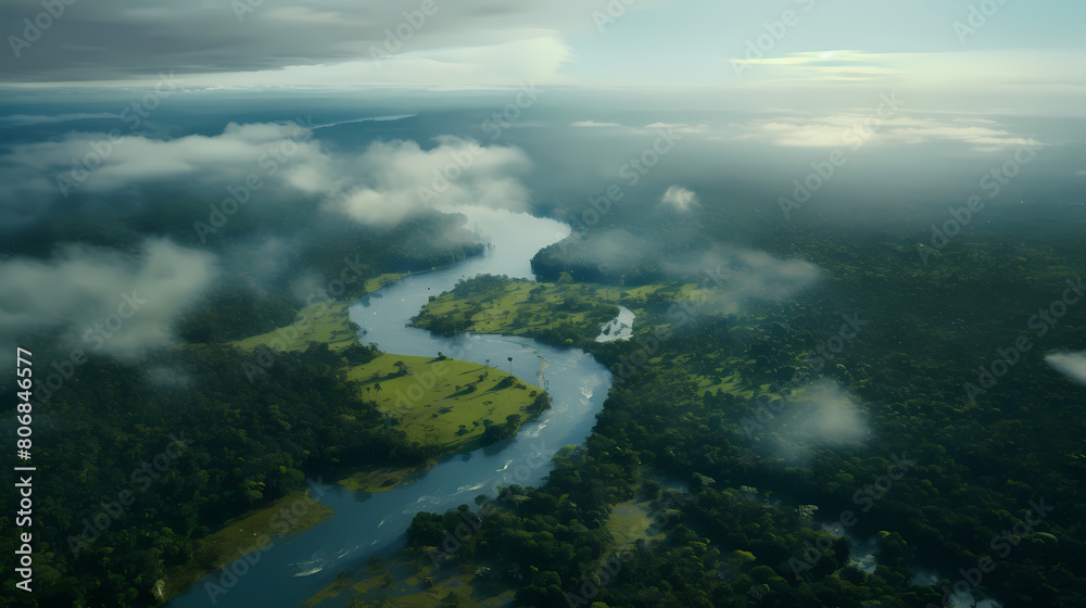 Aerial view of rainforest and river