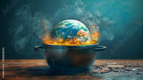 The image shows a planet Earth inside a cooking pot. The Earth is on fire. The image is a metaphor for climate change.