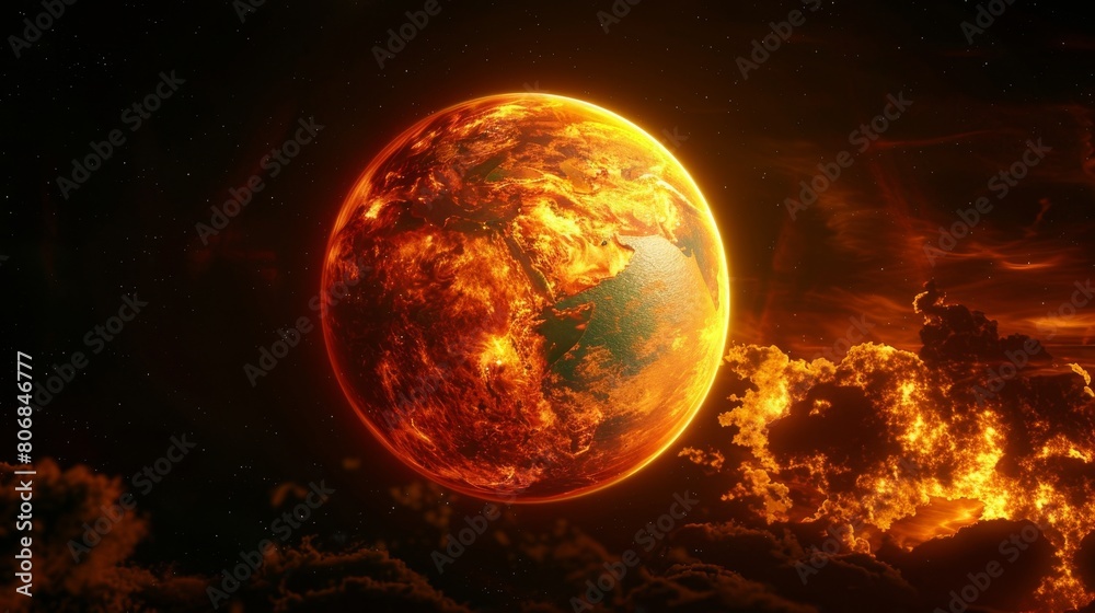 The image shows a planet engulfed in flames