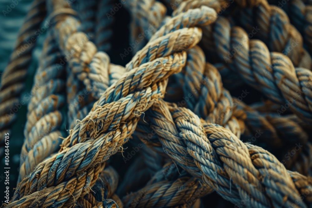 old grease-soaked rope over worn boards, background image. Beautiful simple AI generated image in 4K, unique.