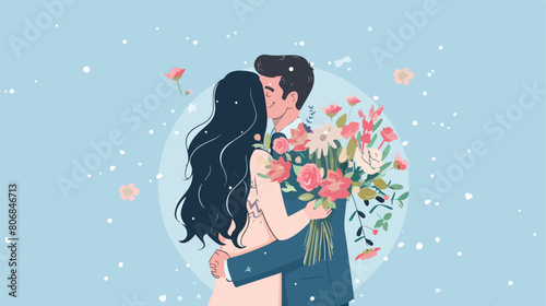 Young couple with bouquet of flowers on blue background
