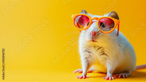 An effortlessly cool mouse sporting sleek sunglasses against a backdrop of electrifying neon hues, exuding a vibe of urban chic. photo