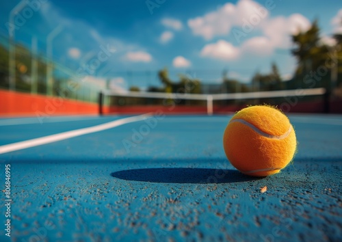 Close-up Tennis Ball on Blue Court with White Line and Net