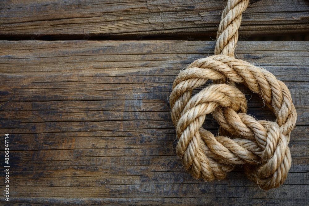 Close-up of a heart-shaped knot in a sturdy rope against a blurred background.. Beautiful simple AI generated image in 4K, unique.