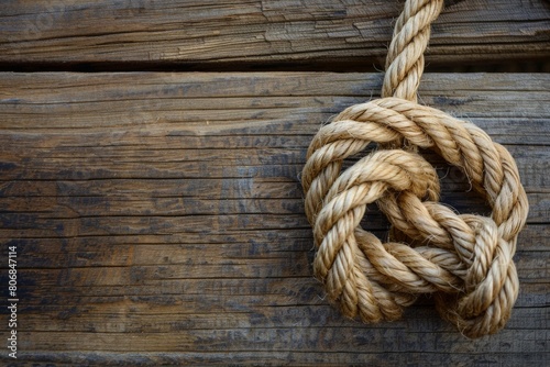 Close-up of a heart-shaped knot in a sturdy rope against a blurred background.. Beautiful simple AI generated image in 4K, unique. photo