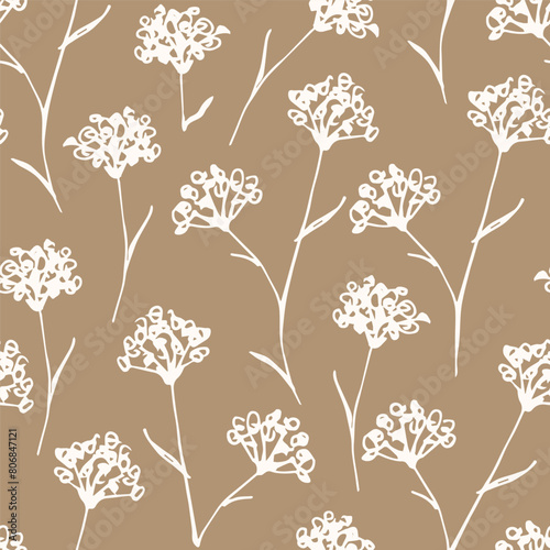 Light silhouette of wild flowers on a brown background. Simple floral vector seamless pattern. For fabric prints, textile products, packaging.
