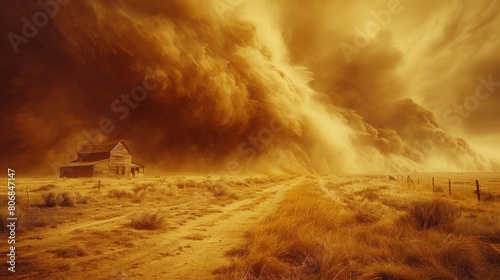 The image shows a sandstorm in the desert. The sky is dark and the sand is blowing everywhere. There is a house in the middle of the desert. photo