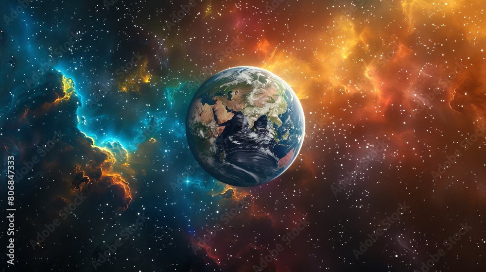 Fototapeta premium The image shows planet Earth from space. The Earth is surrounded by a colorful nebula.