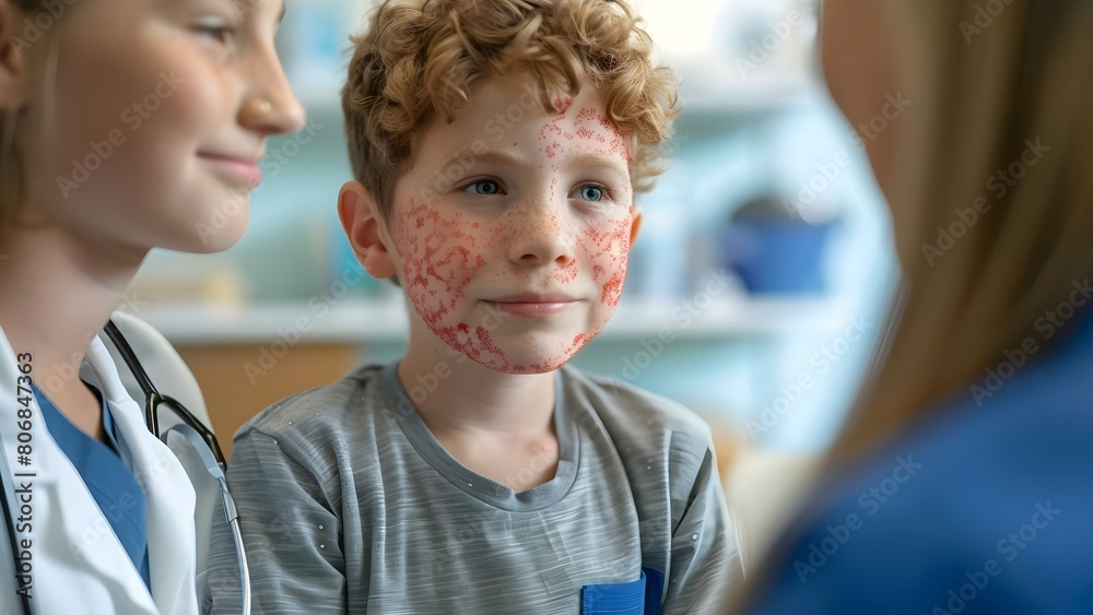 Pediatrician examining boy with severe red rash for possible infections or allergies. Concept Pediatric Dermatology, Skin Conditions, Allergic Reactions, Pediatric Healthcare, Medical Examination