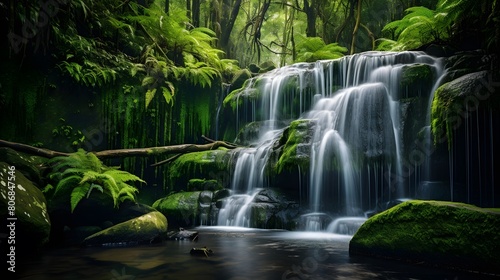 Beautiful waterfall in the rainforest. Long exposure. Panorama