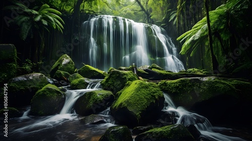 Beautiful waterfall in the jungle of Borneo. Panorama