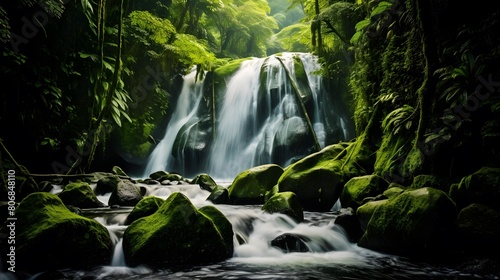 Panoramic image of a beautiful waterfall in the rainforest.