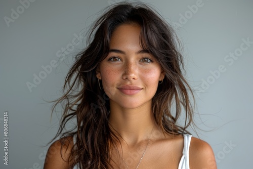 a freckled Caucasian Teenager Woman beauty set against a seamless solid backdrop, embodying a timeless allure and natural elegance.