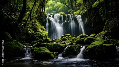 Panorama of a beautiful waterfall in the rainforest of New Zealand