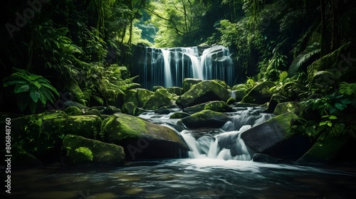 Panorama of a waterfall in a green forest. Long exposure.