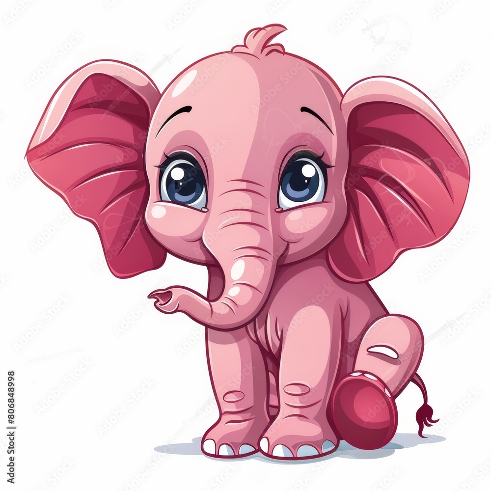 A pink baby elephant sits on the ground, trunk raised, eyes large and tearful, expressing sadness A pink baby elephant sits on the ground, trunk raised, eyes large and tearful, expressing sadness