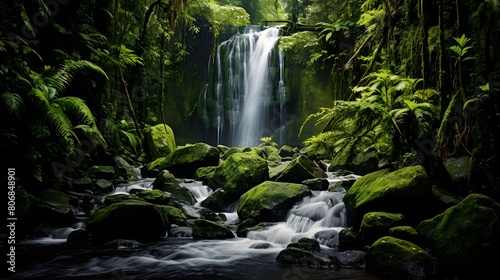 Panorama of a beautiful waterfall in the rainforest of New Zealand