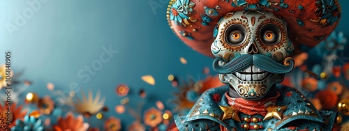 skull cartoon character 3d male with mustache and Mexican hat with big mug of beer in her hand, dancer, white background, free space for text, celebration concept, traditional