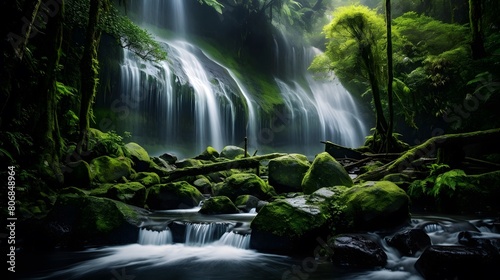 Panorama of waterfall in deep forest. Long exposure. Beautiful nature scene.