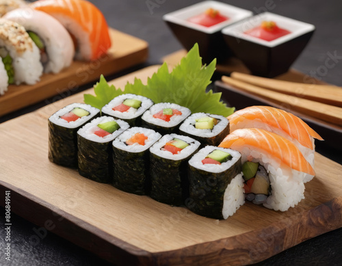 La perfezione culinaria si manifesta nel piatto di sushi, con la sua semplice eleganza e raffinatezza. photo