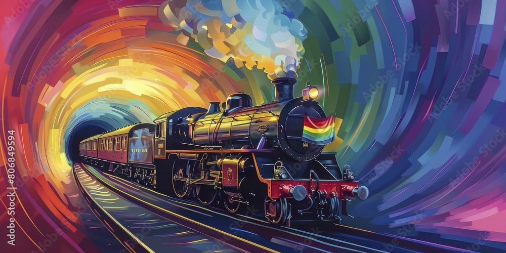 An old steam train adorned with Pride flags chugging through a rainbow tunnel, illustration style, in straight front portrait minimal.