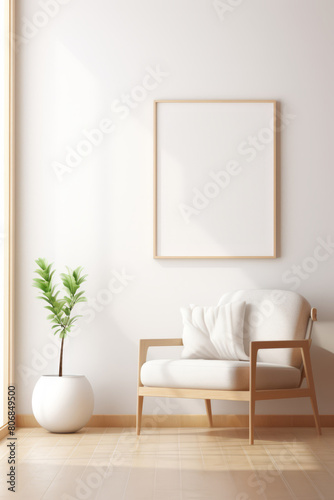 Frame mockup in a bright  minimalist room  placed on a light wall with a focus on spaciousness and modern aesthetics 