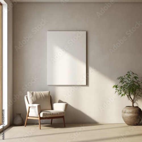 Light-filled minimalist interior with a frame mockup against a subtly textured wall, emphasizing simplicity.