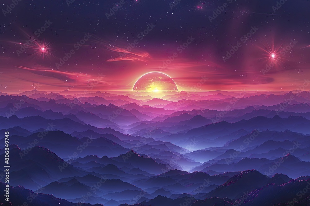 A vibrant celebration of nature's pride: a mountain range aglow with colorful flares, captured in a minimalist portrait style. A vibrant celebration of nature's pride: a mountain range aglow with colorful flares, captured in a minimalist portrait style.